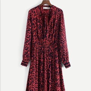 Red Tie Neck Leopard Print Dress